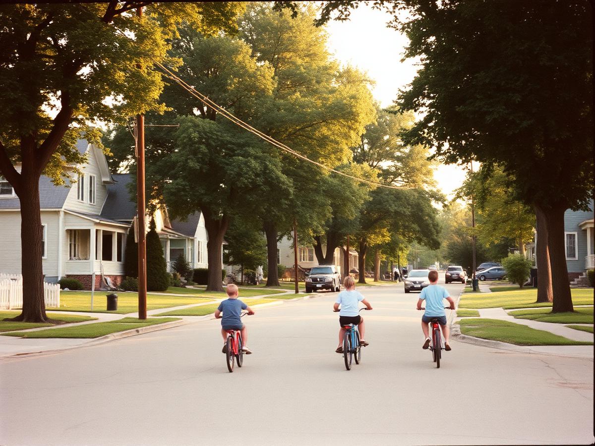 Kids riding bikes down a tree-lined Lakeville neighborhood street